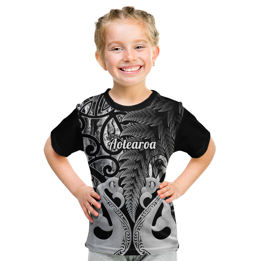 Personalised New Zealand Kid T Shirt Te Manaia Mangopare Maori And Fern Black Style LT14 Black - Polynesian Pride