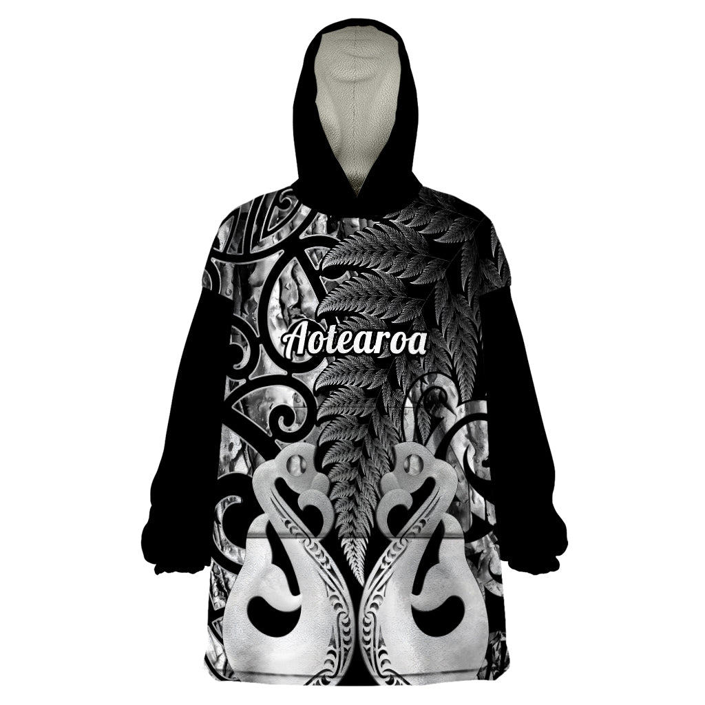 Personalised New Zealand Wearable Blanket Hoodie Te Manaia Mangopare Maori And Fern Black Style LT14 One Size Black - Polynesian Pride