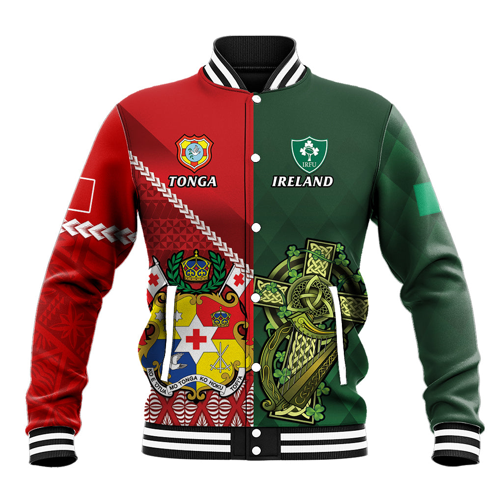 Custom Tonga And Ireland Rugby Baseball Jacket Ikale Tahi With Shamrocks LT14 Unisex Red - Polynesian Pride