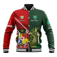 Custom Tonga And Ireland Rugby Baseball Jacket Ikale Tahi With Shamrocks LT14 Unisex Red - Polynesian Pride