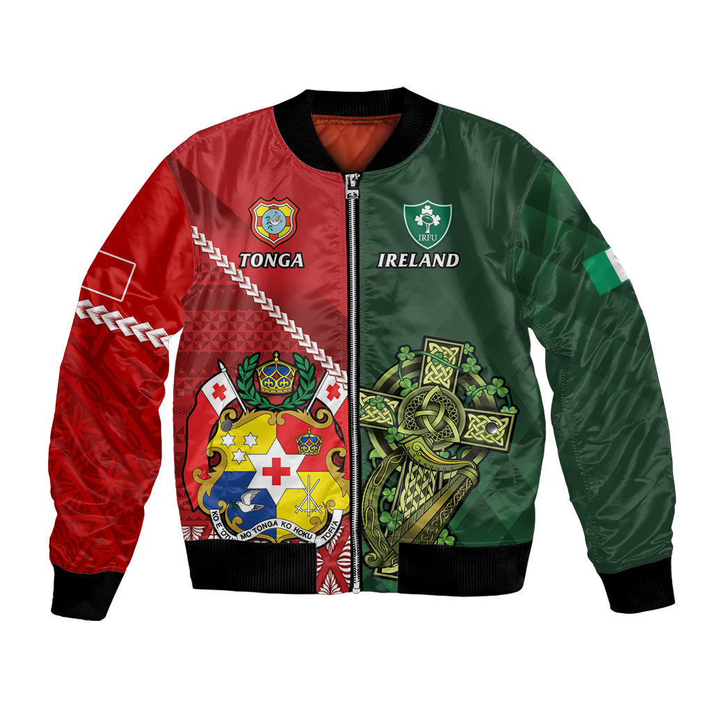 Custom Tonga And Ireland Rugby Bomber Jacket Ikale Tahi With Shamrocks LT14 Unisex Red - Polynesian Pride