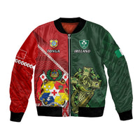 Custom Tonga And Ireland Rugby Bomber Jacket Ikale Tahi With Shamrocks LT14 Unisex Red - Polynesian Pride