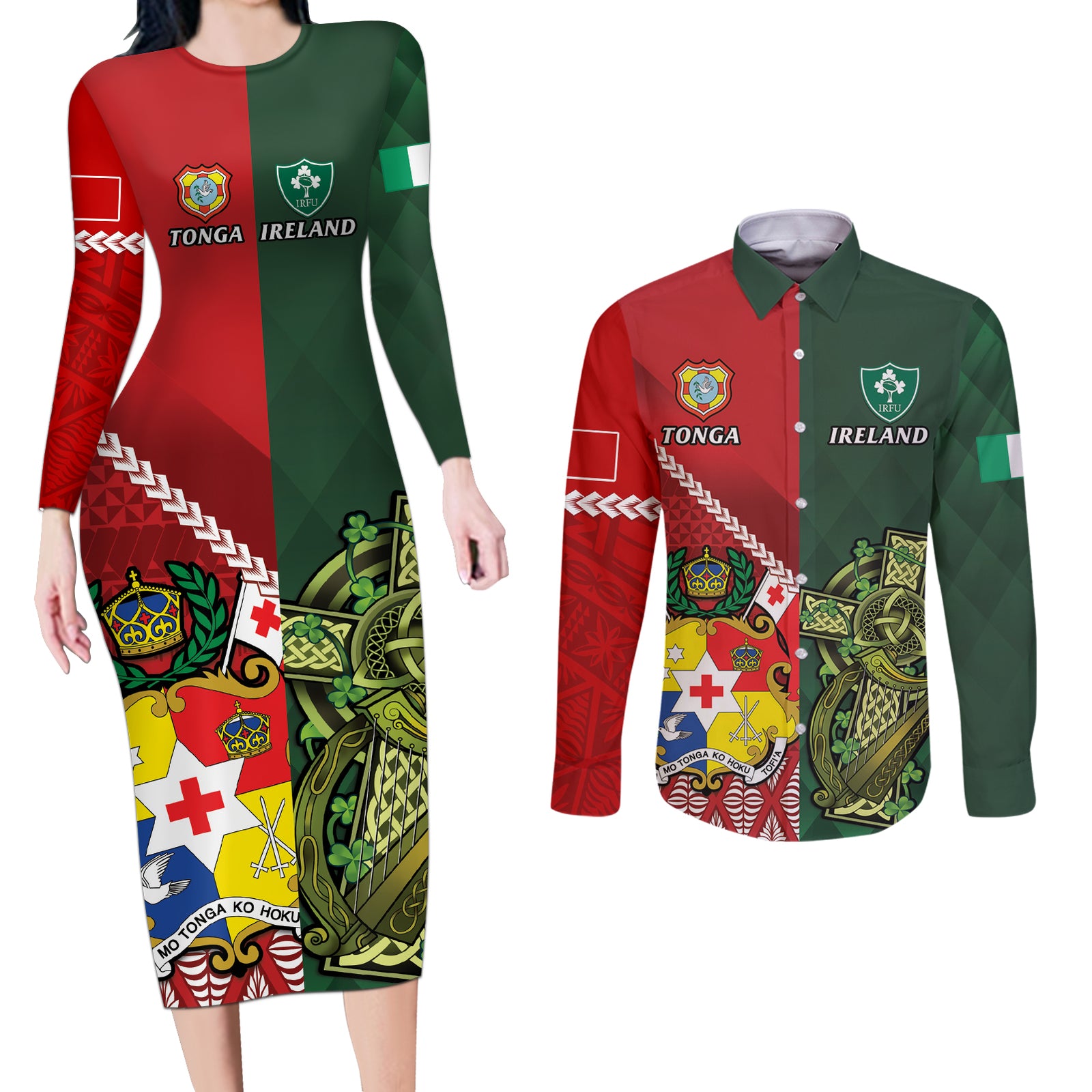 Custom Tonga And Ireland Rugby Couples Matching Long Sleeve Bodycon Dress and Long Sleeve Button Shirt Ikale Tahi With Shamrocks LT14 Red - Polynesian Pride