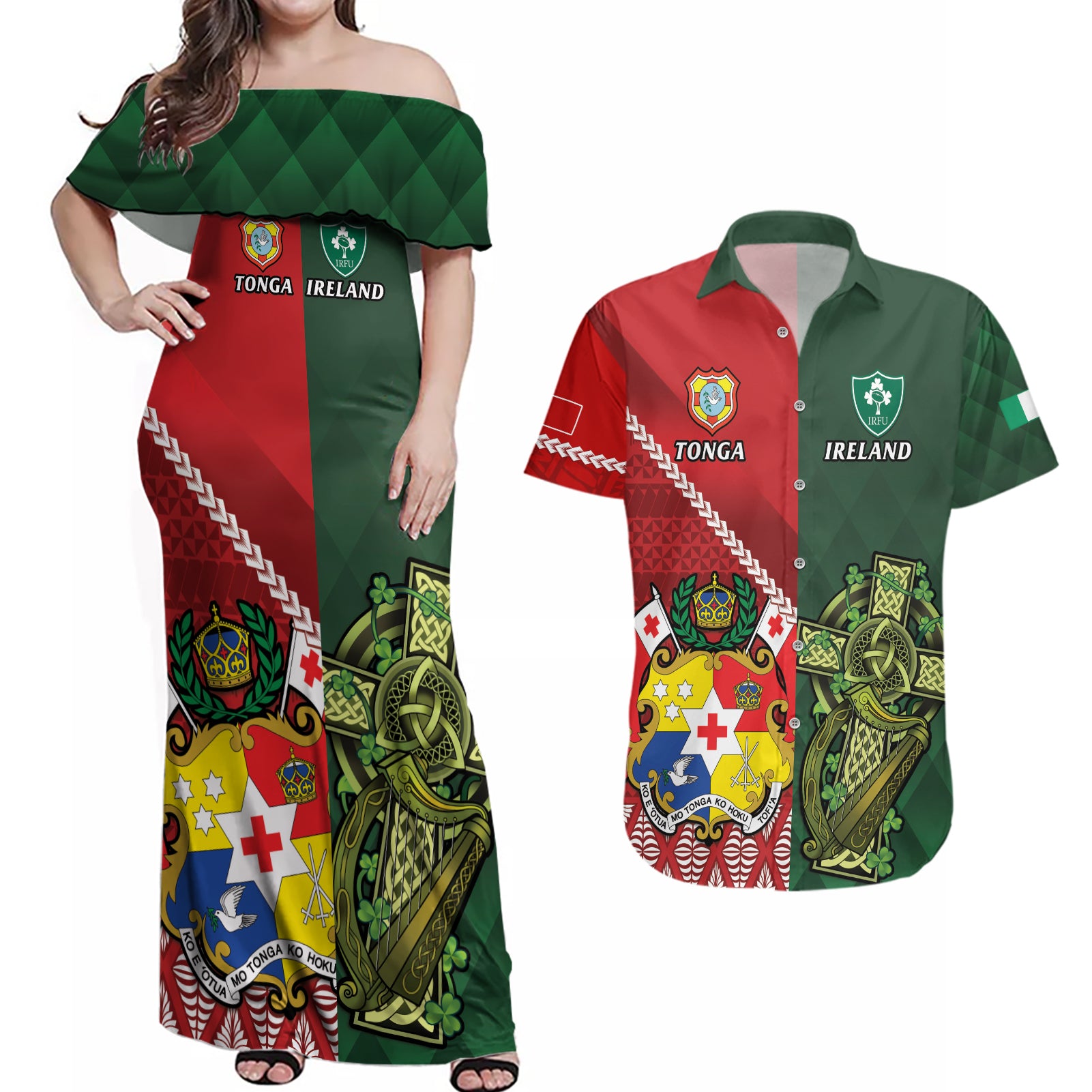 Custom Samoa And Ireland Rugby Couples Matching Off Shoulder Maxi Dress and Hawaiian Shirt Ikale Tahi With Shamrocks