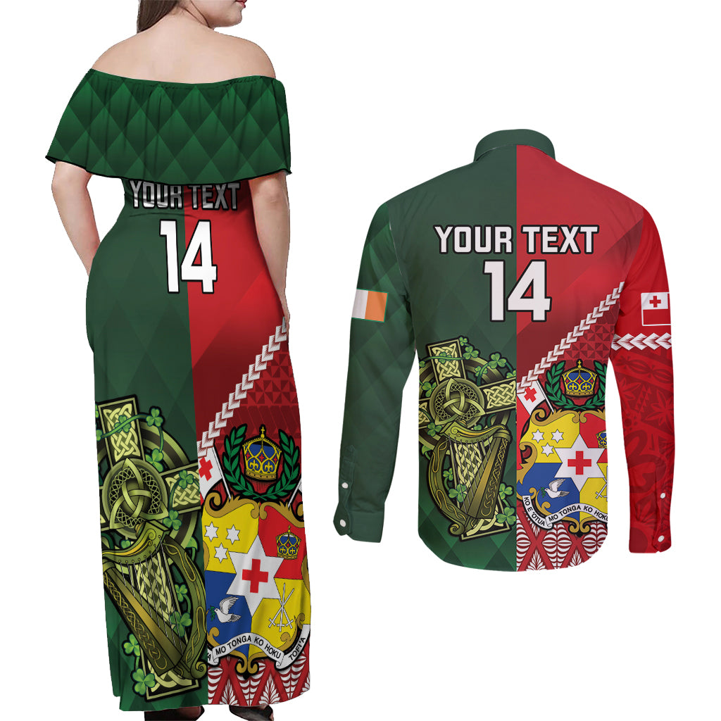 Custom Samoa And Ireland Rugby Couples Matching Off Shoulder Maxi Dress and Long Sleeve Button Shirt Ikale Tahi With Shamrocks