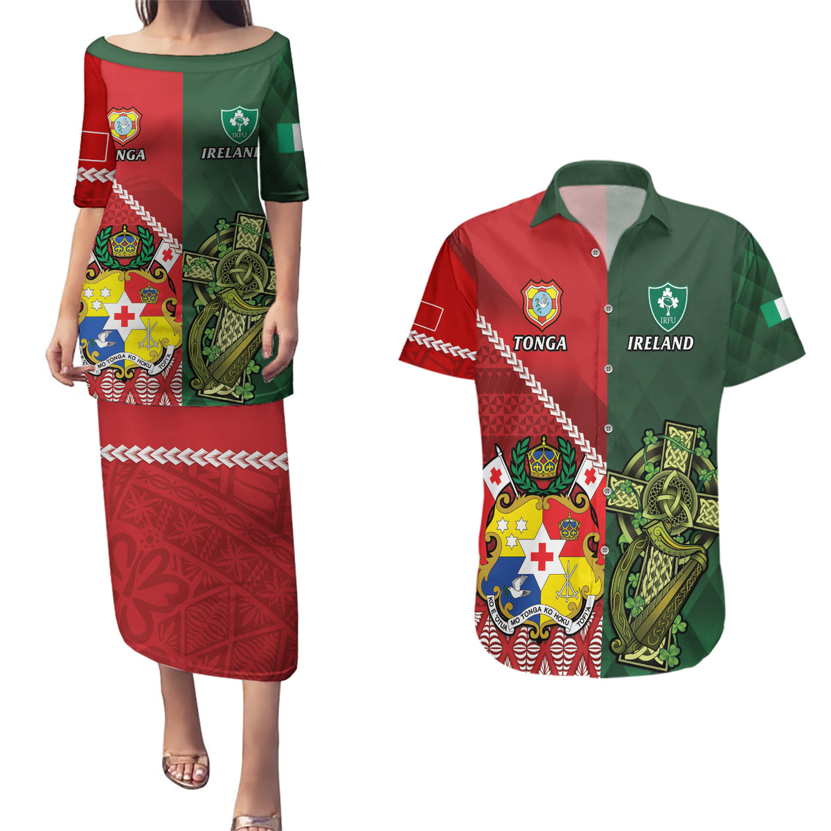 Custom Tonga And Ireland Rugby Couples Matching Puletasi and Hawaiian Shirt Ikale Tahi With Shamrocks LT14 Red - Polynesian Pride