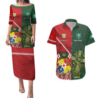 Custom Tonga And Ireland Rugby Couples Matching Puletasi and Hawaiian Shirt Ikale Tahi With Shamrocks LT14 Red - Polynesian Pride