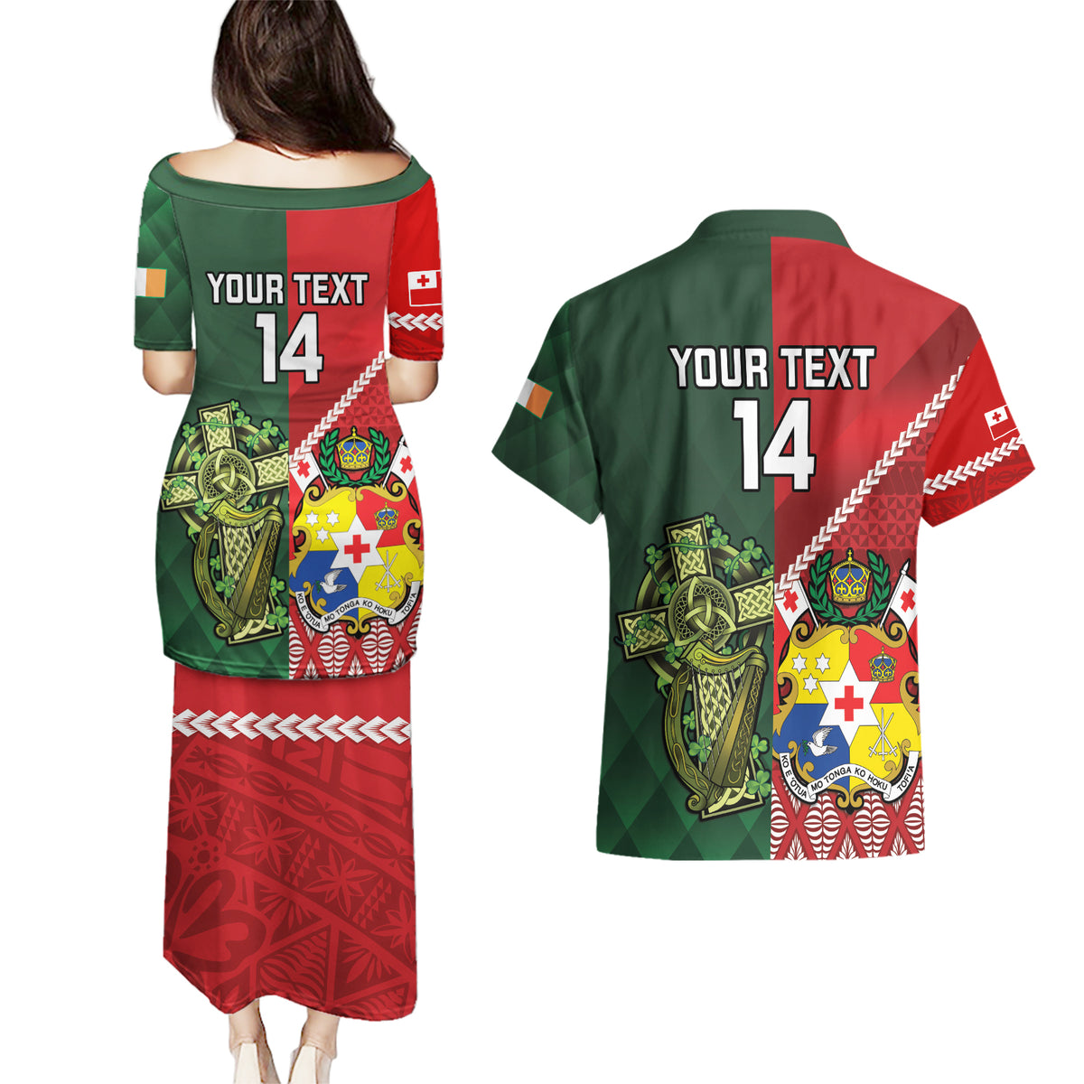 Custom Tonga And Ireland Rugby Couples Matching Puletasi and Hawaiian Shirt Ikale Tahi With Shamrocks LT14 - Polynesian Pride