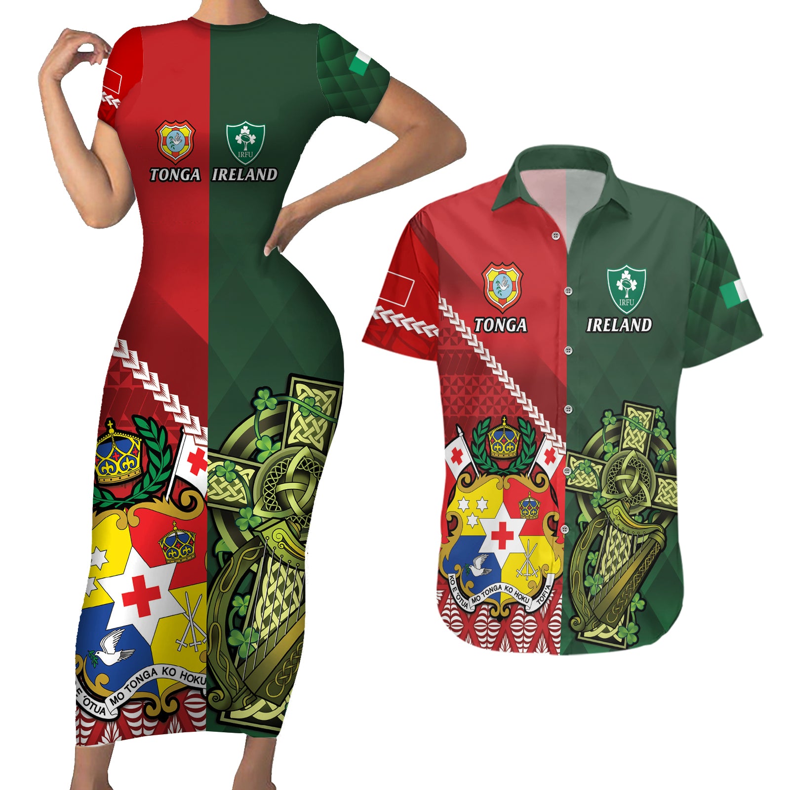 Custom Tonga And Ireland Rugby Couples Matching Short Sleeve Bodycon Dress and Hawaiian Shirt Ikale Tahi With Shamrocks LT14 Red - Polynesian Pride