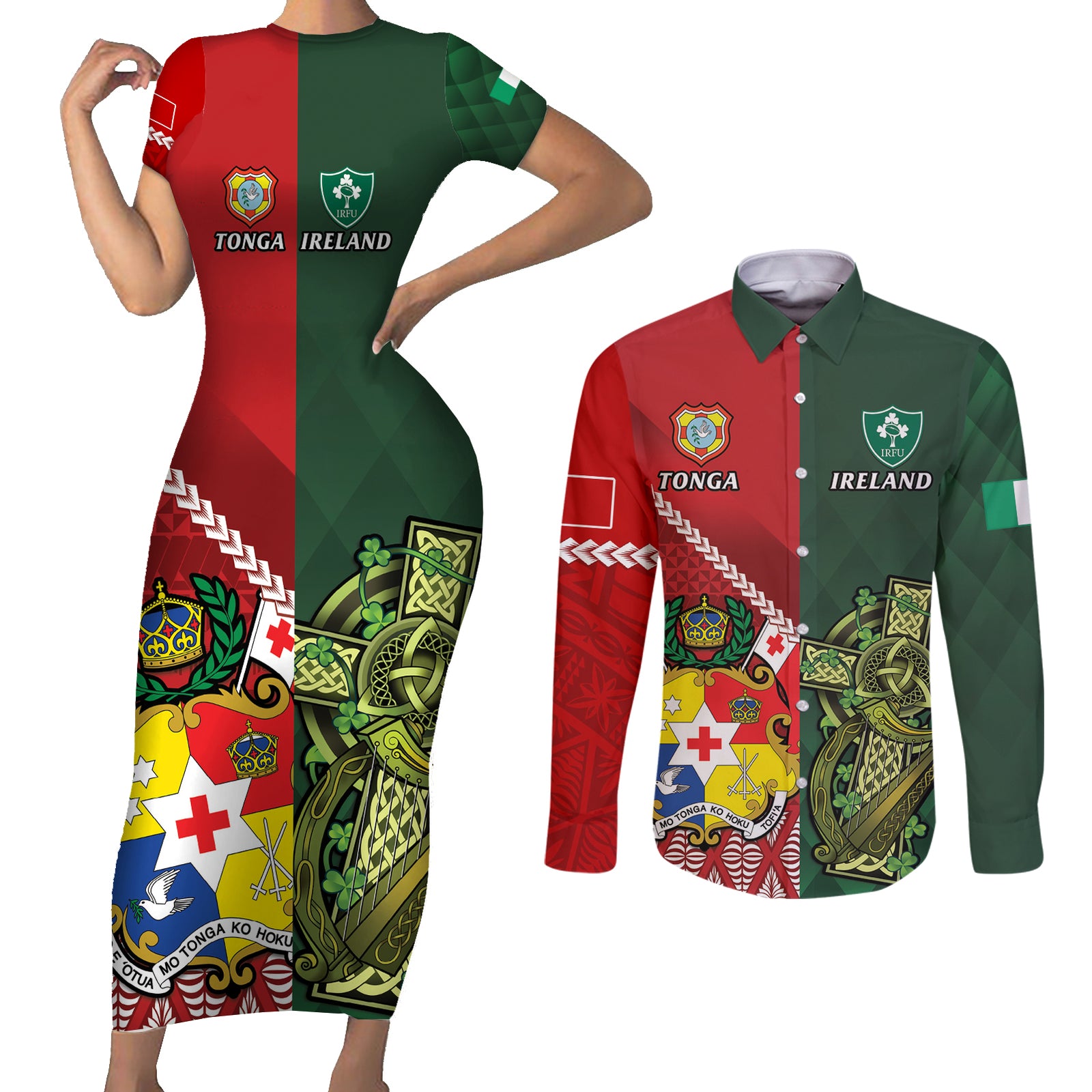 Custom Tonga And Ireland Rugby Couples Matching Short Sleeve Bodycon Dress and Long Sleeve Button Shirt Ikale Tahi With Shamrocks LT14 Red - Polynesian Pride
