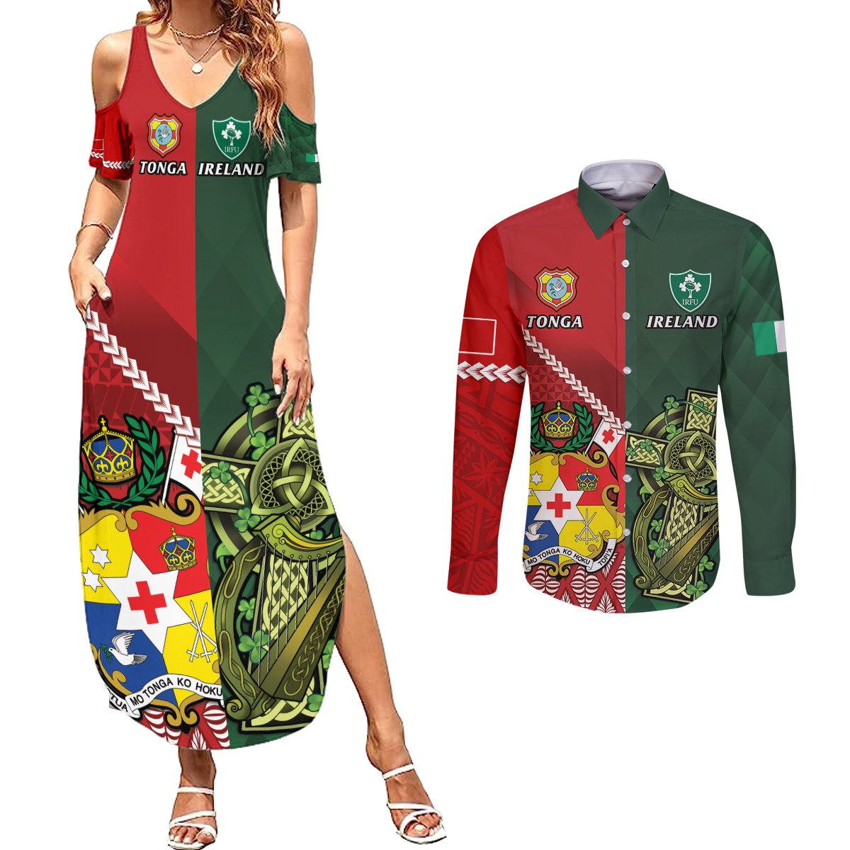 Custom Tonga And Ireland Rugby Couples Matching Summer Maxi Dress and Long Sleeve Button Shirt Ikale Tahi With Shamrocks LT14 Red - Polynesian Pride