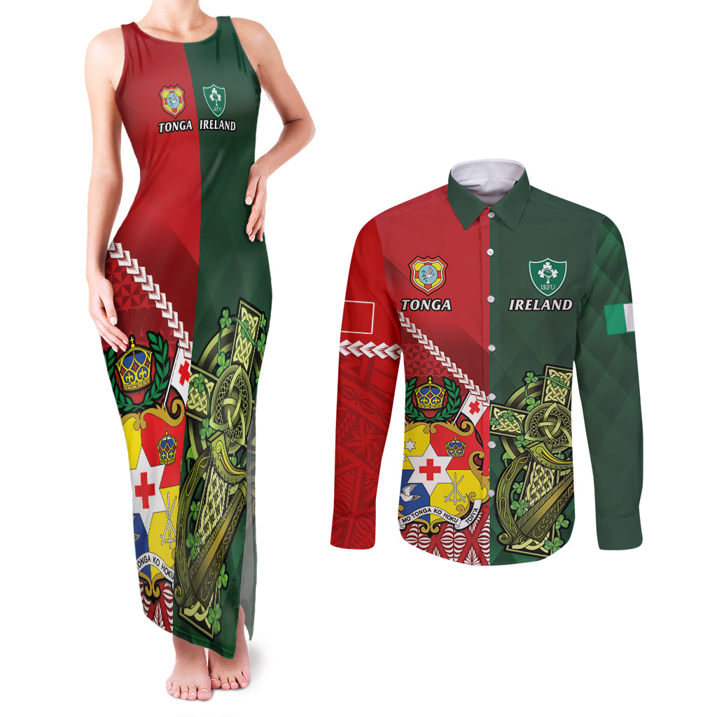 Custom Tonga And Ireland Rugby Couples Matching Tank Maxi Dress and Long Sleeve Button Shirt Ikale Tahi With Shamrocks LT14 Red - Polynesian Pride