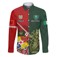 Custom Tonga And Ireland Rugby Family Matching Mermaid Dress and Hawaiian Shirt Ikale Tahi With Shamrocks LT14 Dad's Shirt - Long Sleeve Red - Polynesian Pride