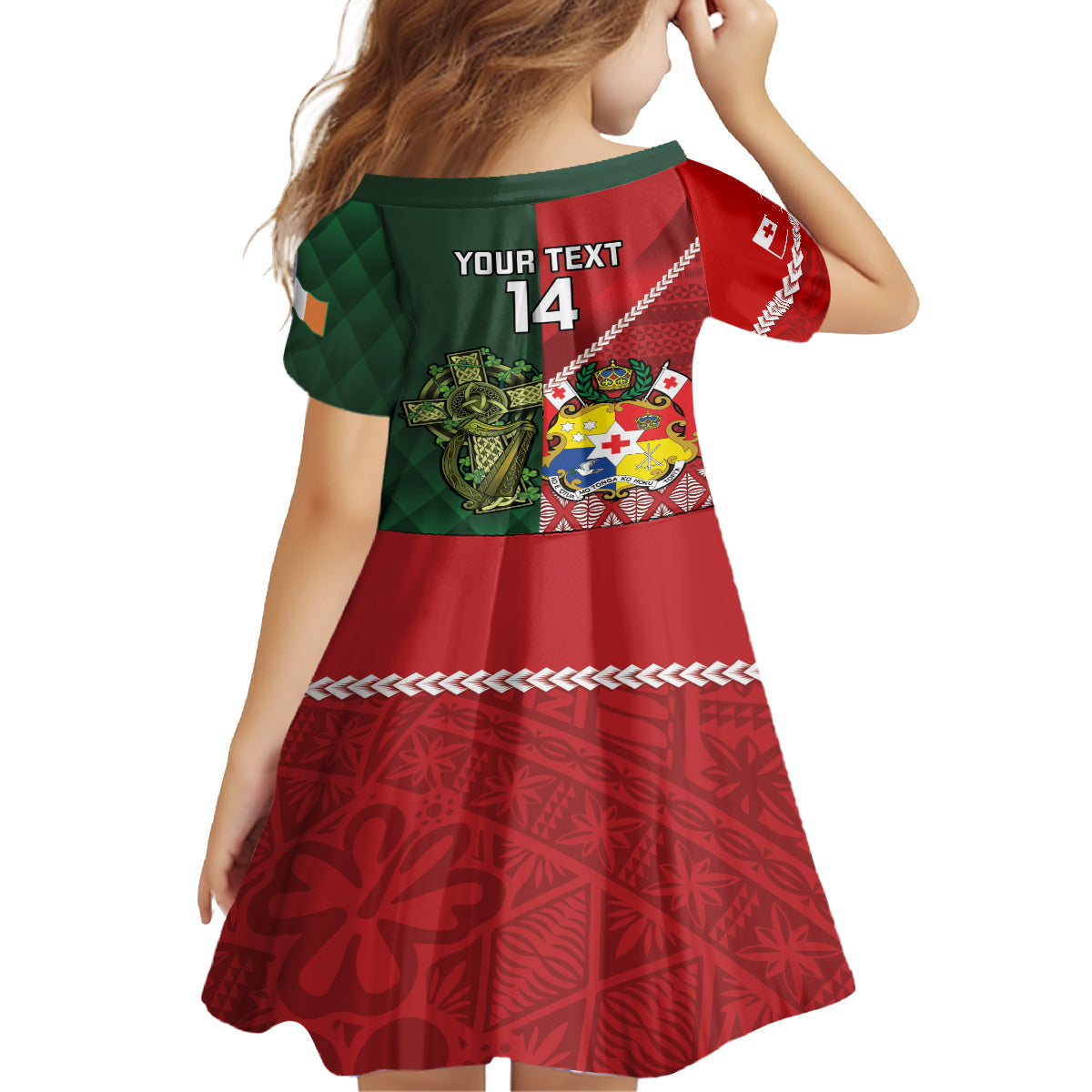 Custom Tonga And Ireland Rugby Family Matching Off The Shoulder Long Sleeve Dress and Hawaiian Shirt Ikale Tahi With Shamrocks LT14 - Polynesian Pride