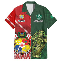 Custom Tonga And Ireland Rugby Family Matching Off The Shoulder Long Sleeve Dress and Hawaiian Shirt Ikale Tahi With Shamrocks LT14 Dad's Shirt - Short Sleeve Red - Polynesian Pride