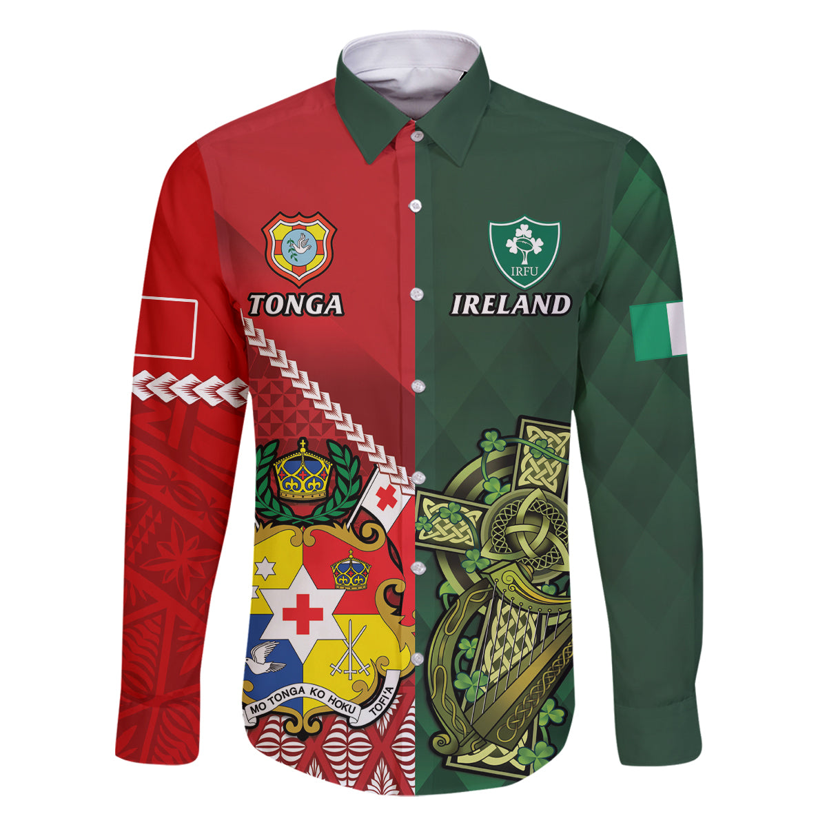 Custom Tonga And Ireland Rugby Family Matching Puletasi and Hawaiian Shirt Ikale Tahi With Shamrocks LT14 Dad's Shirt - Long Sleeve Red - Polynesian Pride