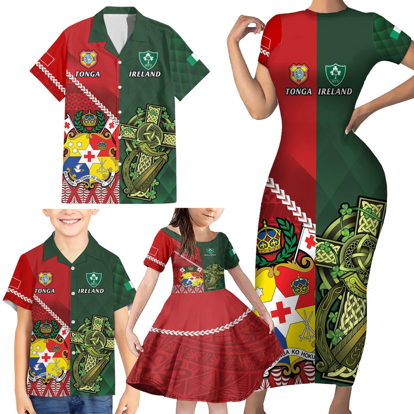 Custom Tonga And Ireland Rugby Family Matching Short Sleeve Bodycon Dress and Hawaiian Shirt Ikale Tahi With Shamrocks LT14 - Polynesian Pride
