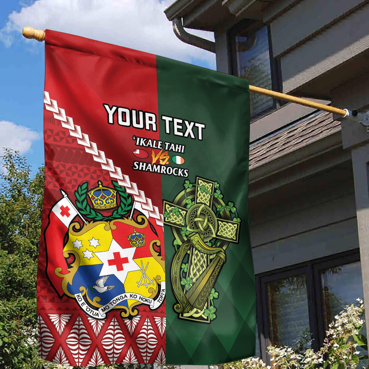 Custom Tonga And Ireland Rugby Garden Flag Ikale Tahi With Shamrocks LT14 - Polynesian Pride
