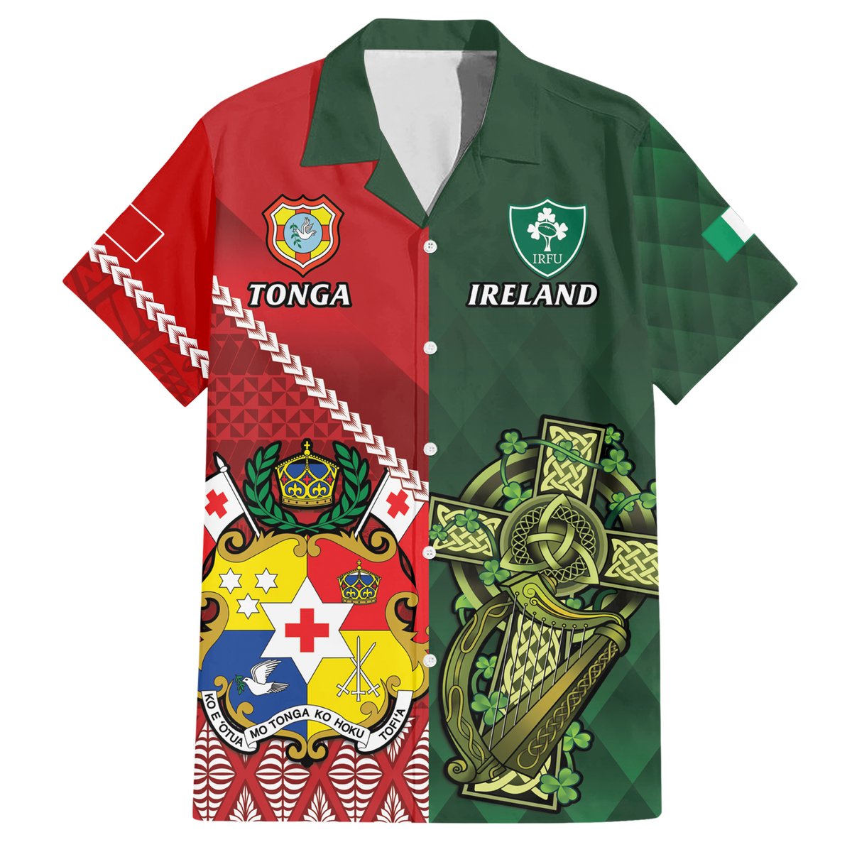 Custom Tonga And Ireland Rugby Hawaiian Shirt Ikale Tahi With Shamrocks LT14 Red - Polynesian Pride