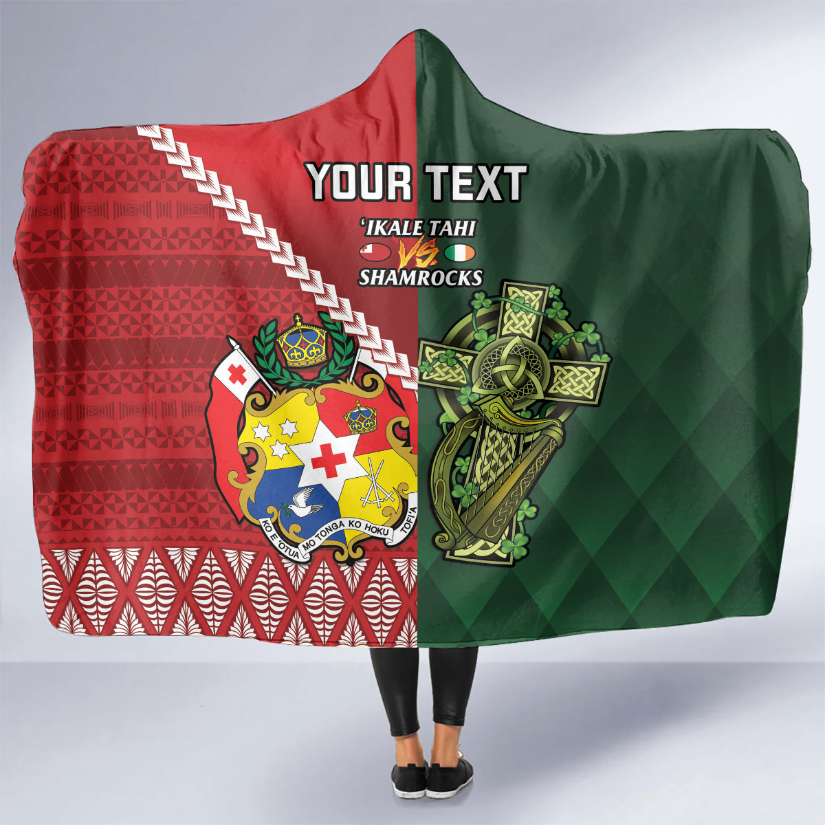 Custom Tonga And Ireland Rugby Hooded Blanket Ikale Tahi With Shamrocks LT14 - Polynesian Pride