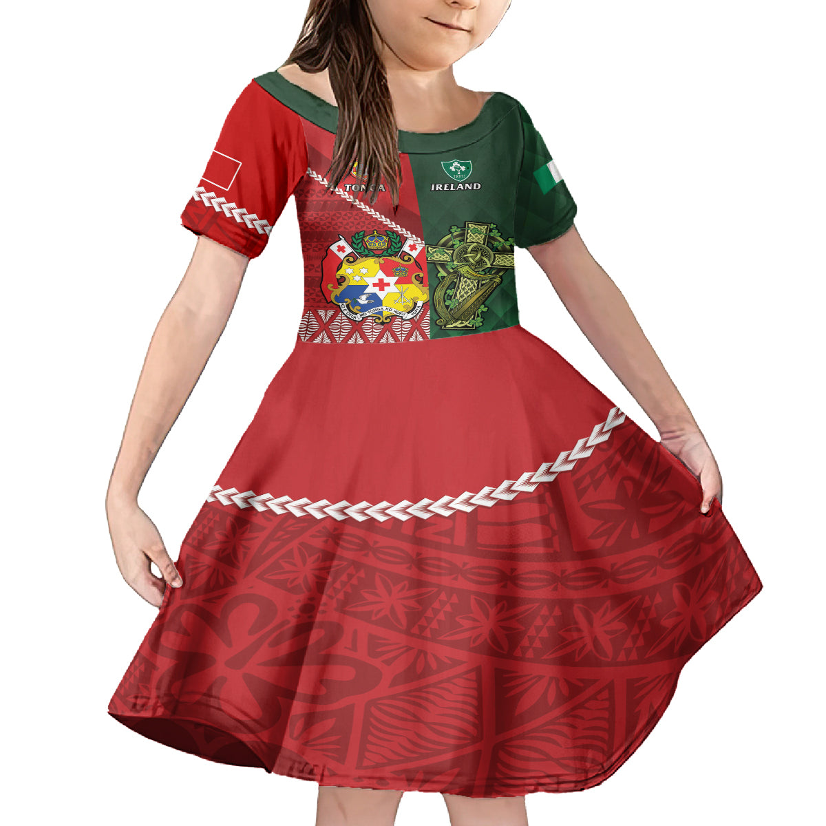 Custom Tonga And Ireland Rugby Kid Short Sleeve Dress Ikale Tahi With Shamrocks LT14 KID Red - Polynesian Pride