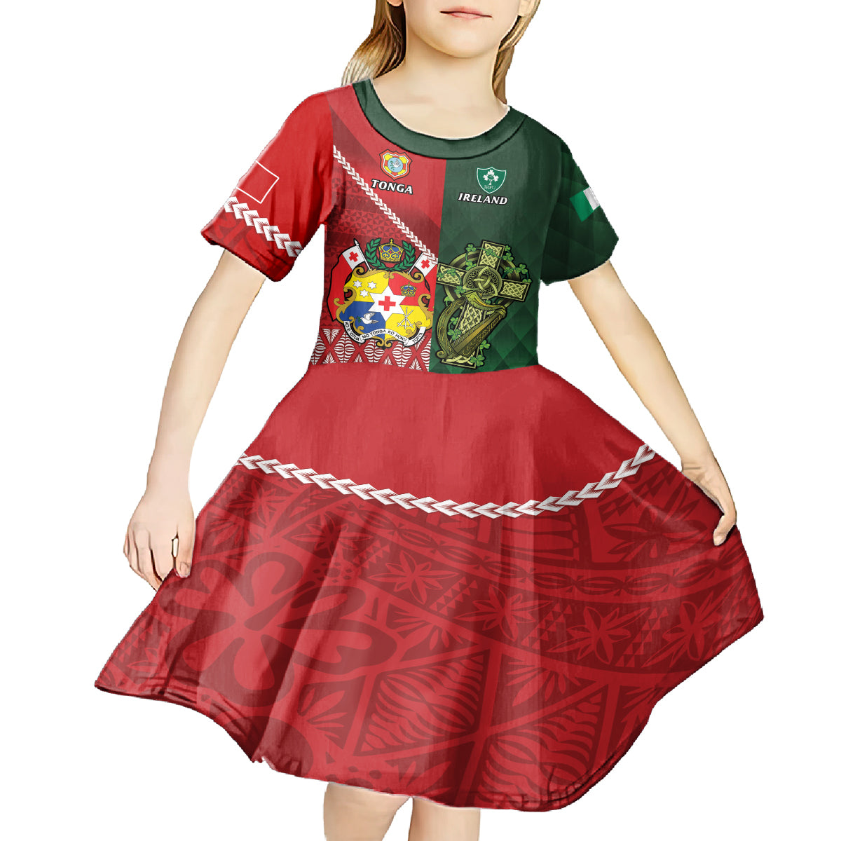 Custom Tonga And Ireland Rugby Kid Short Sleeve Dress Ikale Tahi With Shamrocks LT14 - Polynesian Pride