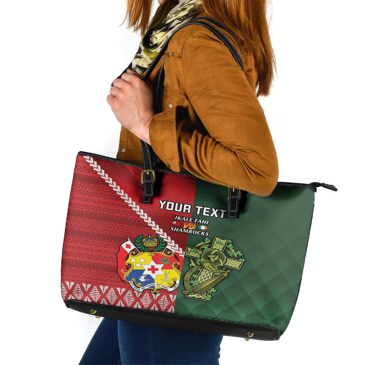 Custom Tonga And Ireland Rugby Leather Tote Bag Ikale Tahi With Shamrocks LT14 Red - Polynesian Pride