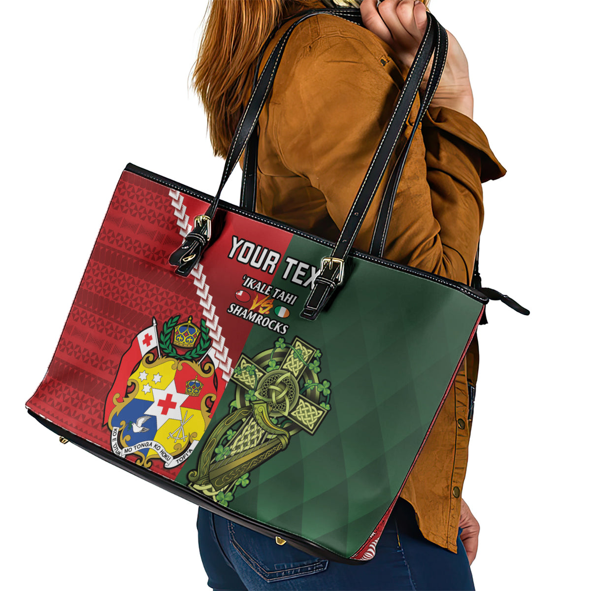 Custom Tonga And Ireland Rugby Leather Tote Bag Ikale Tahi With Shamrocks LT14 - Polynesian Pride