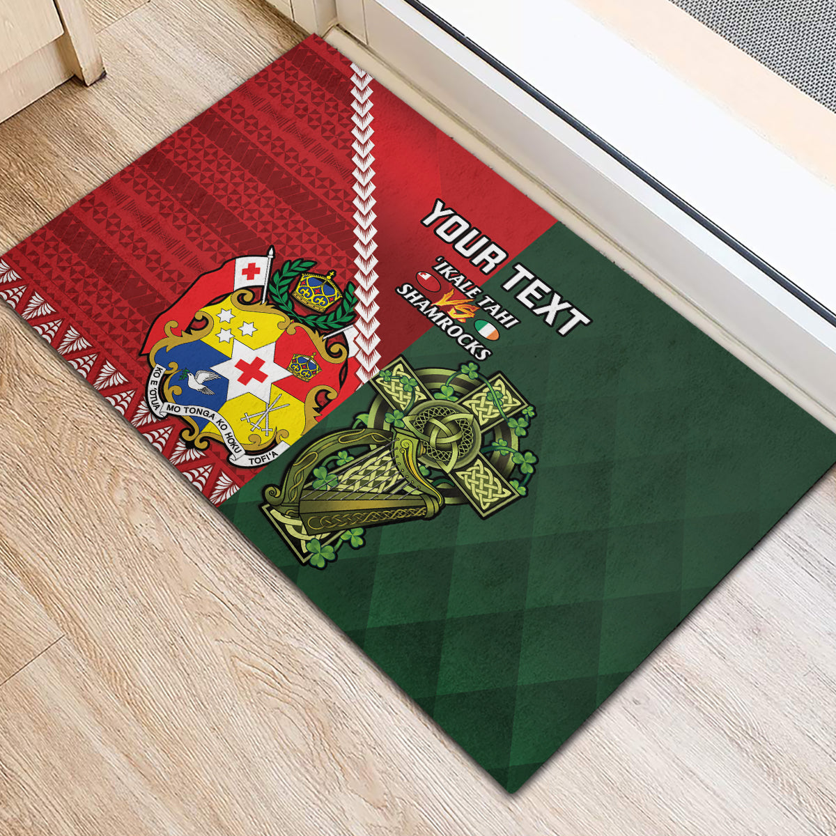 Custom Tonga And Ireland Rugby Rubber Doormat Ikale Tahi With Shamrocks LT14 - Polynesian Pride