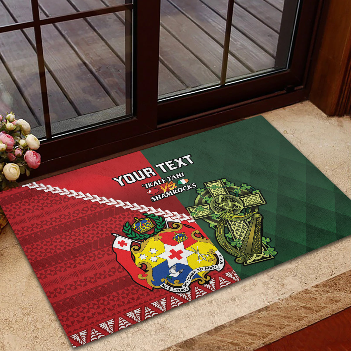 Custom Tonga And Ireland Rugby Rubber Doormat Ikale Tahi With Shamrocks LT14 - Polynesian Pride