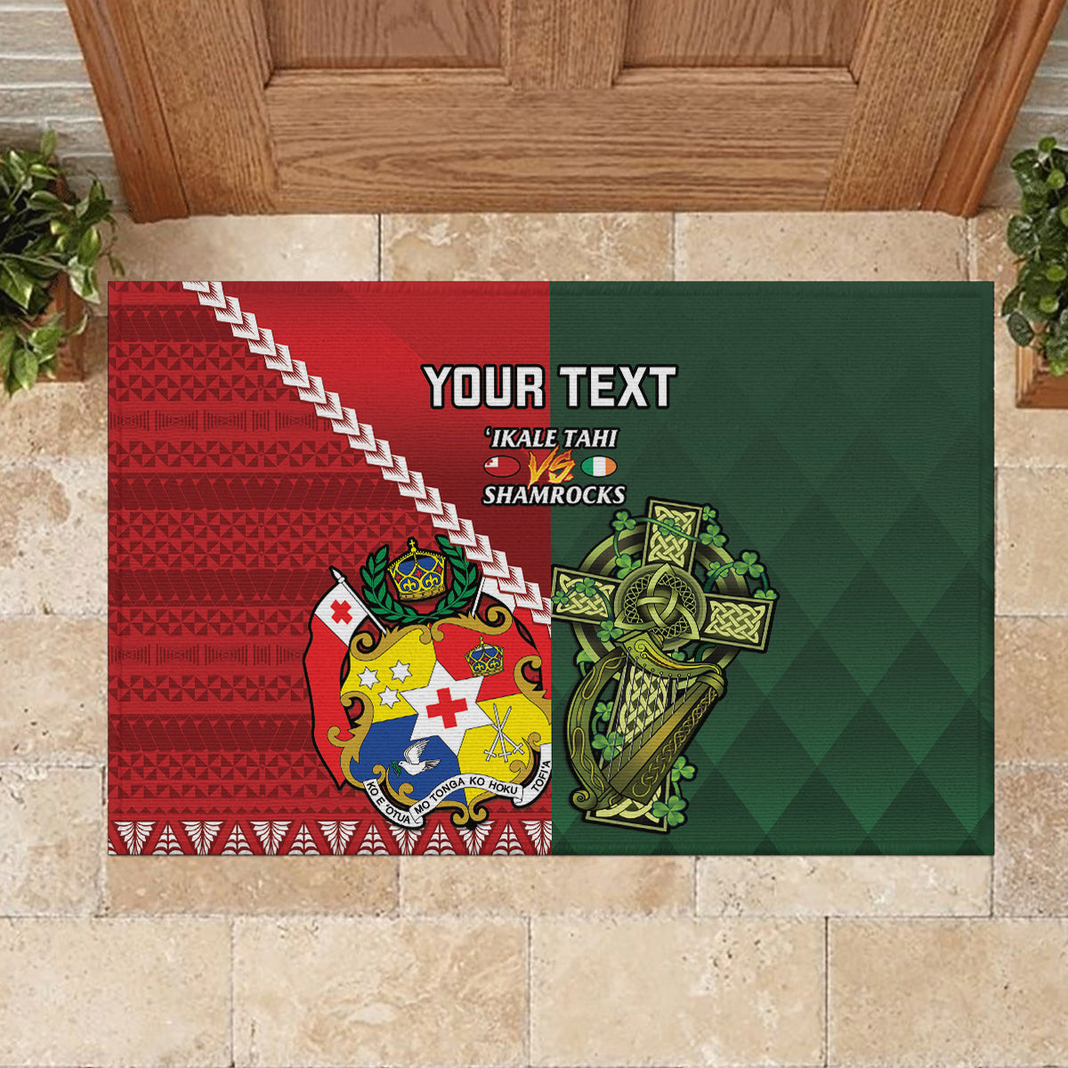 Custom Tonga And Ireland Rugby Rubber Doormat Ikale Tahi With Shamrocks LT14 - Polynesian Pride