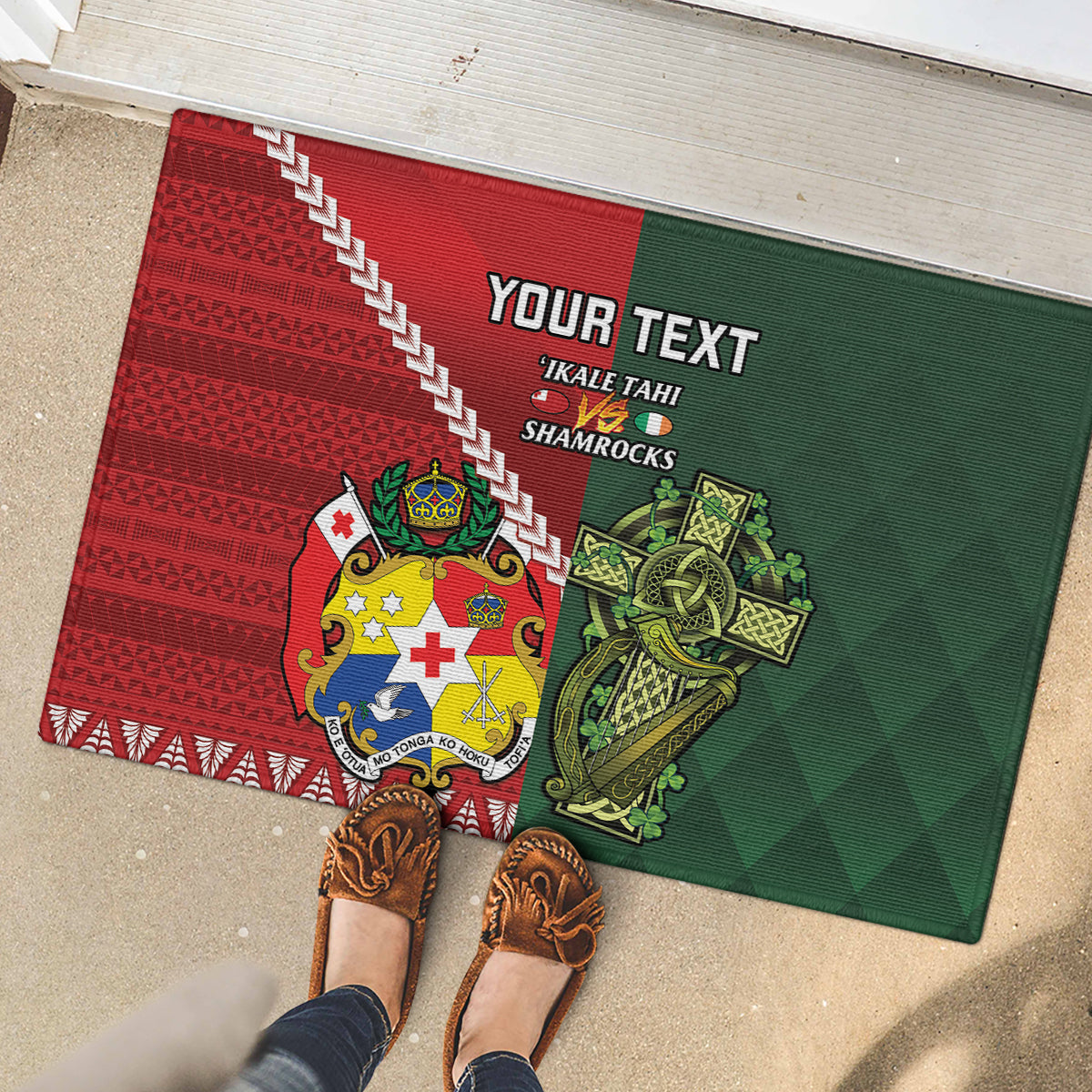 Custom Tonga And Ireland Rugby Rubber Doormat Ikale Tahi With Shamrocks LT14 - Polynesian Pride