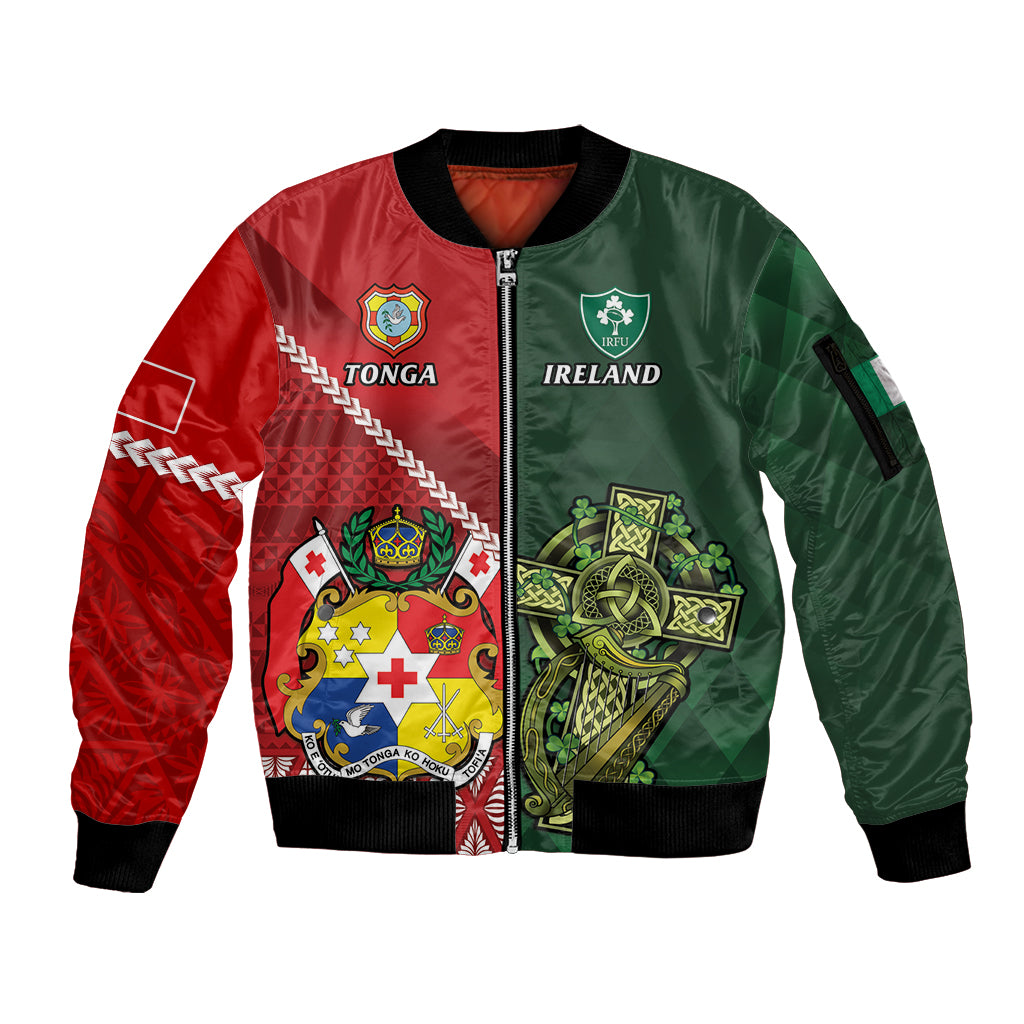 Custom Samoa And Ireland Rugby Sleeve Zip Bomber Jacket Ikale Tahi With Shamrocks