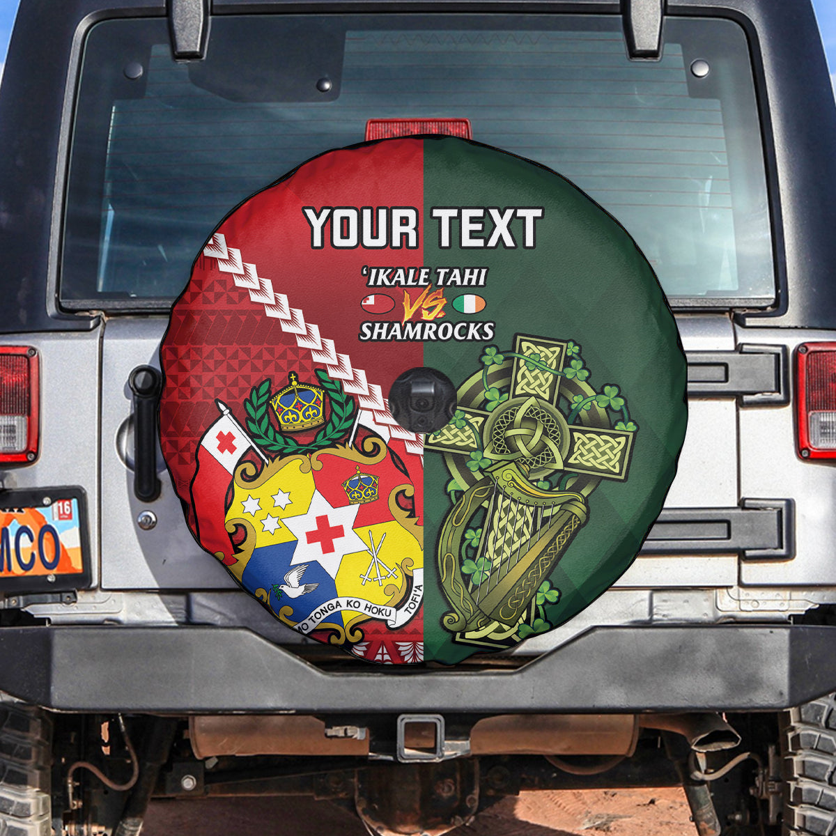 Custom Tonga And Ireland Rugby Spare Tire Cover Ikale Tahi With Shamrocks LT14 Red - Polynesian Pride
