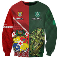 Custom Tonga And Ireland Rugby Sweatshirt Ikale Tahi With Shamrocks LT14 Unisex Red - Polynesian Pride