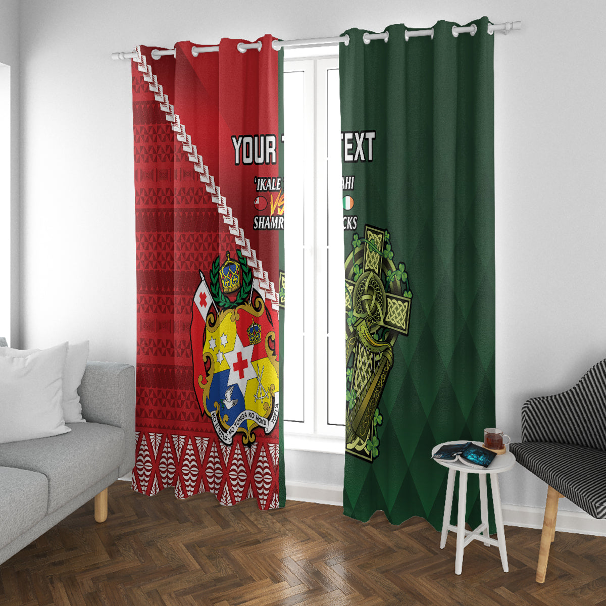 Custom Tonga And Ireland Rugby Window Curtain Ikale Tahi With Shamrocks LT14 With Grommets Red - Polynesian Pride