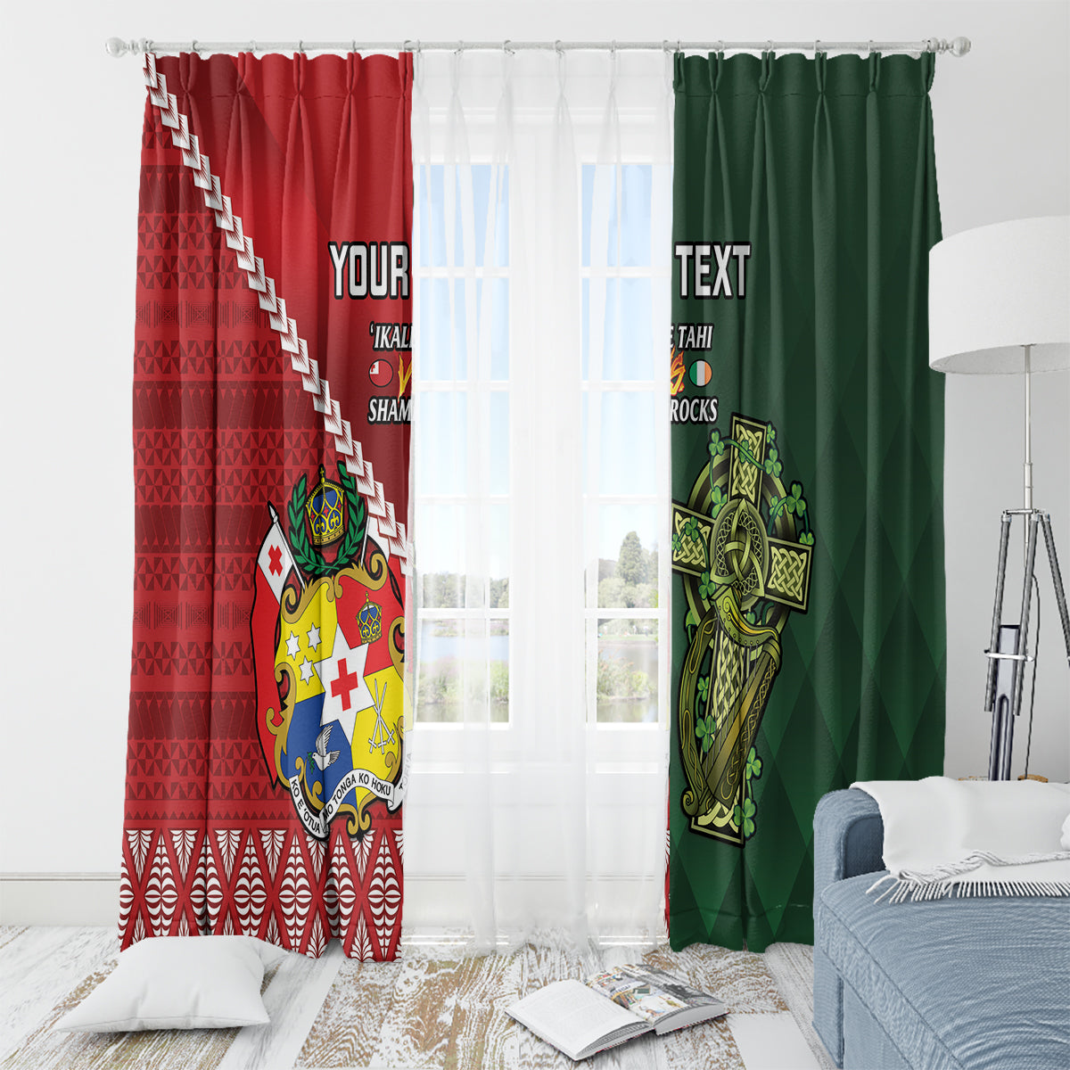 Custom Tonga And Ireland Rugby Window Curtain Ikale Tahi With Shamrocks LT14 - Polynesian Pride