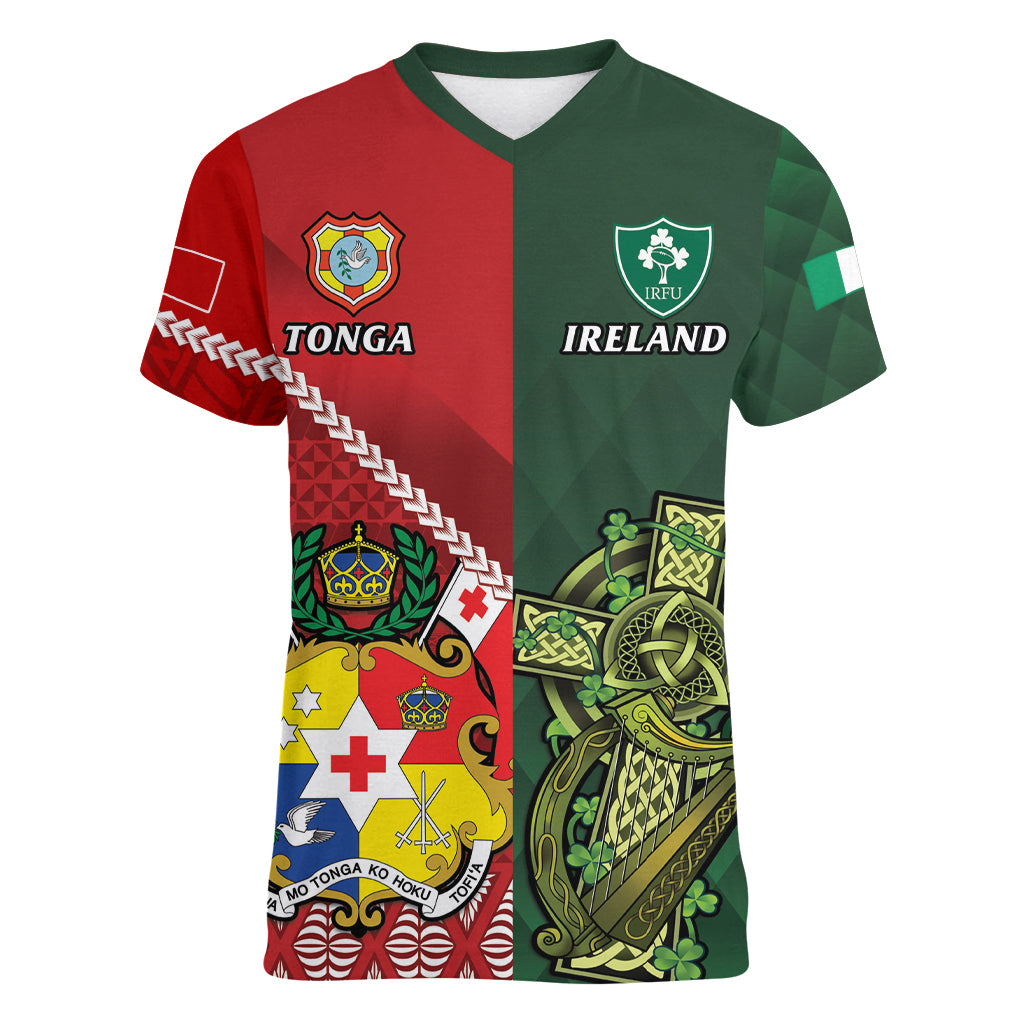 Custom Samoa And Ireland Rugby Women V-Neck T-Shirt Ikale Tahi With Shamrocks