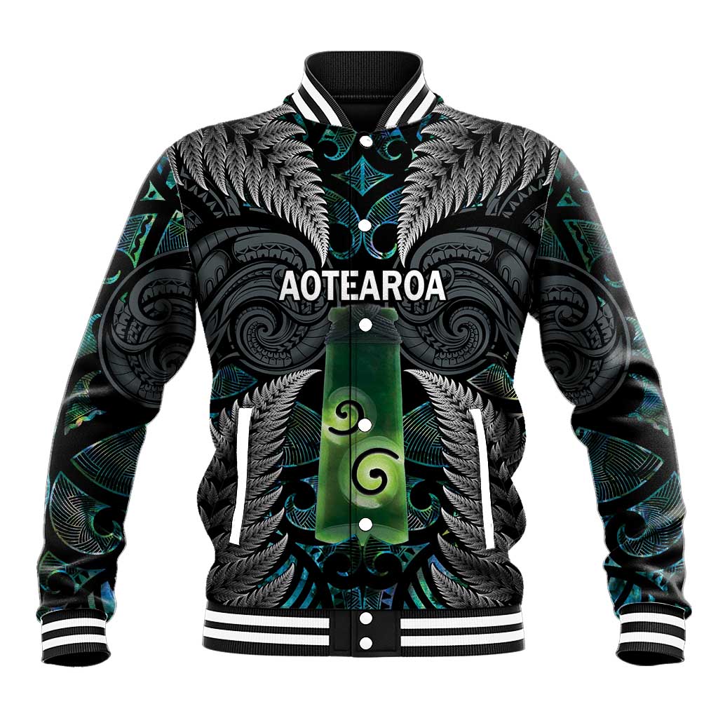Personalised New Zealand Toki Baseball Jacket Silver Fern Mix Aotearoa Maori Pattern LT14 Unisex Black - Polynesian Pride