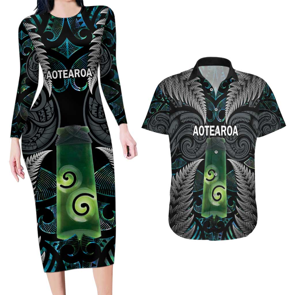 Personalised New Zealand Toki Couples Matching Long Sleeve Bodycon Dress and Hawaiian Shirt Silver Fern Mix Aotearoa Maori Pattern
