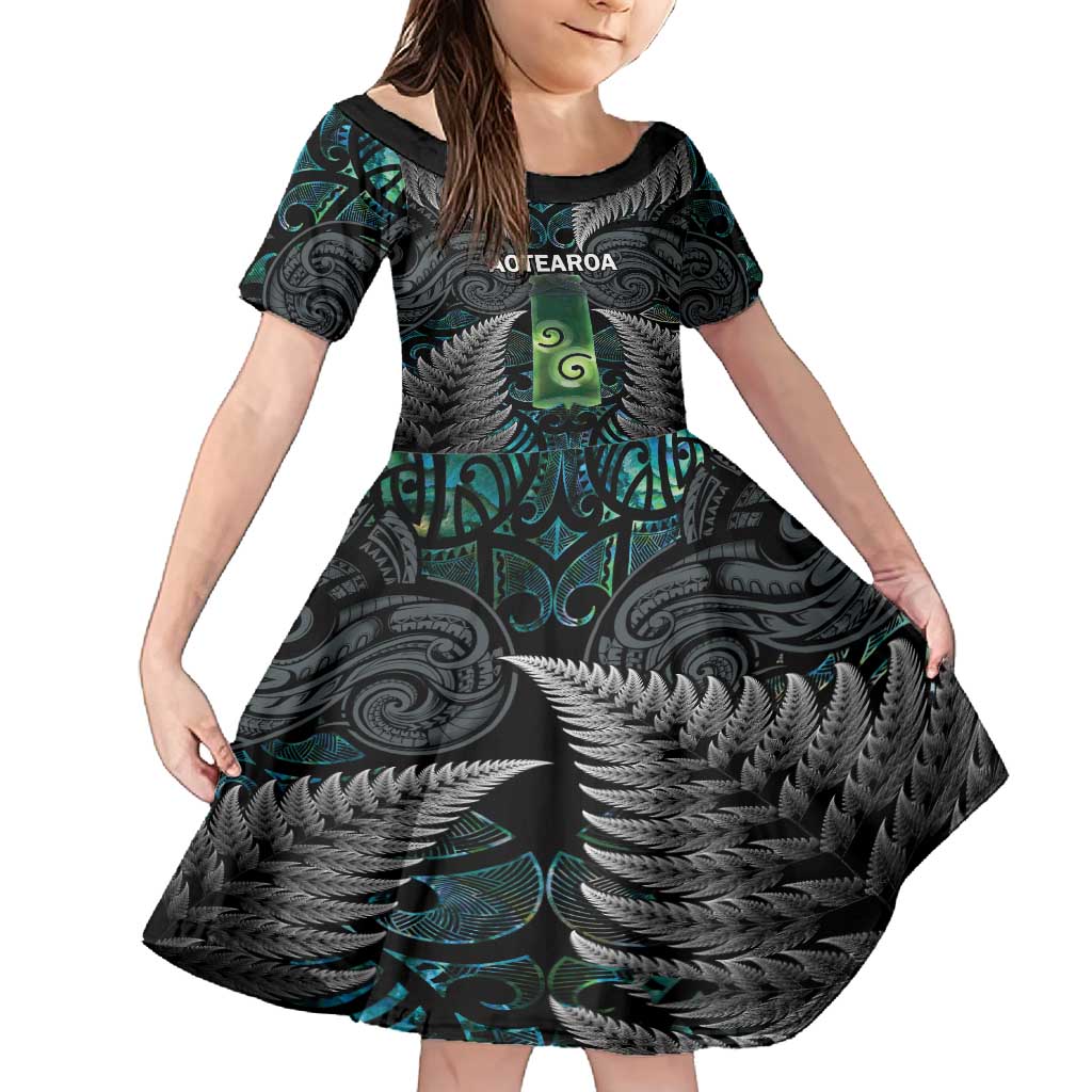 Personalised New Zealand Toki Family Matching Off Shoulder Maxi Dress and Hawaiian Shirt Silver Fern Mix Aotearoa Maori Pattern LT14 Daughter's Dress Black - Polynesian Pride