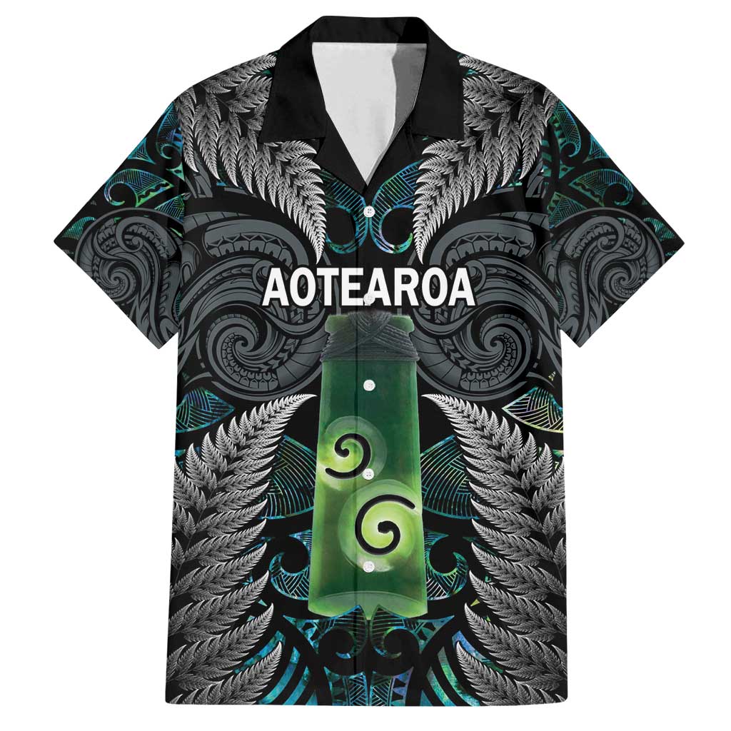 Personalised New Zealand Toki Family Matching Off Shoulder Maxi Dress and Hawaiian Shirt Silver Fern Mix Aotearoa Maori Pattern LT14 Dad's Shirt - Short Sleeve Black - Polynesian Pride