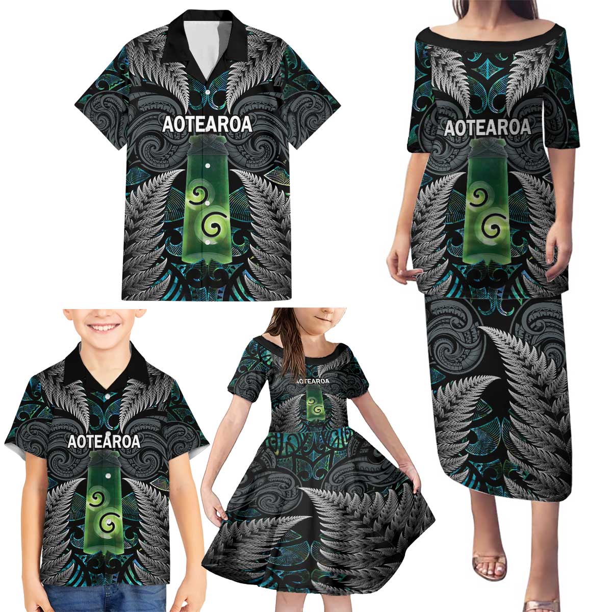 Personalised New Zealand Toki Family Matching Puletasi and Hawaiian Shirt Silver Fern Mix Aotearoa Maori Pattern