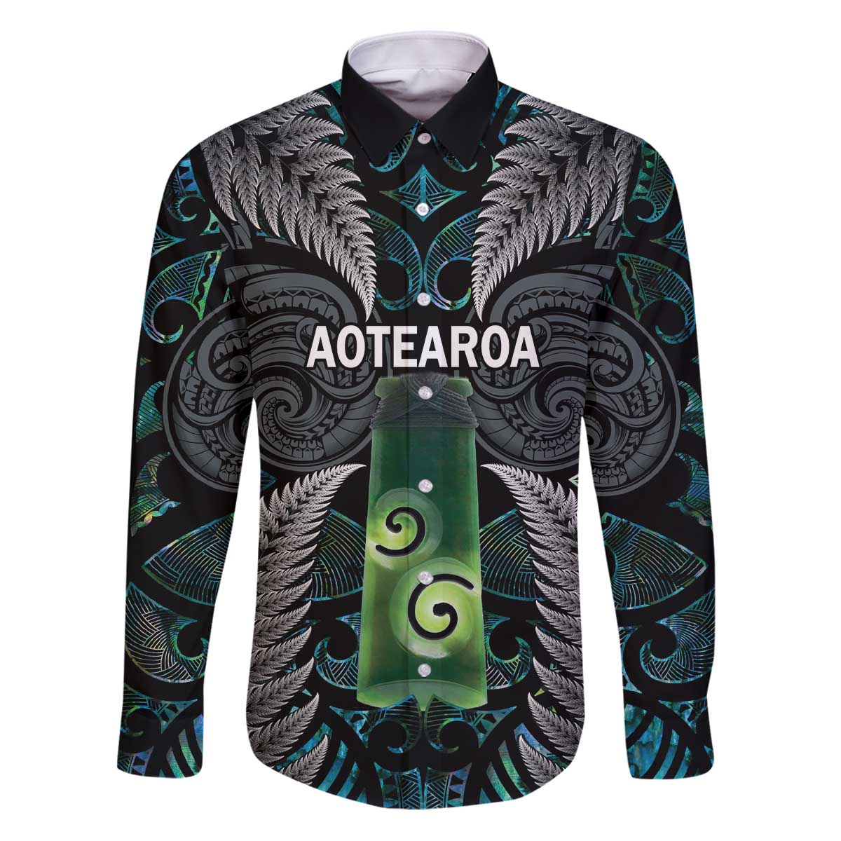 Personalised New Zealand Toki Family Matching Puletasi and Hawaiian Shirt Silver Fern Mix Aotearoa Maori Pattern LT14 Dad's Shirt - Long Sleeve Black - Polynesian Pride