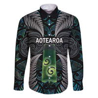 Personalised New Zealand Toki Family Matching Puletasi and Hawaiian Shirt Silver Fern Mix Aotearoa Maori Pattern LT14 Dad's Shirt - Long Sleeve Black - Polynesian Pride