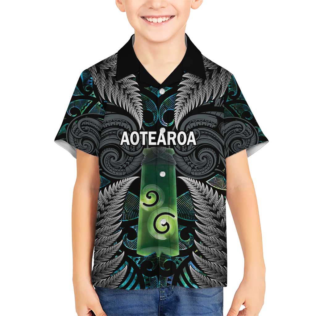 Personalised New Zealand Toki Kid Hawaiian Shirt Silver Fern Mix Aotearoa Maori Pattern