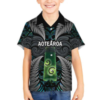 Personalised New Zealand Toki Kid Hawaiian Shirt Silver Fern Mix Aotearoa Maori Pattern