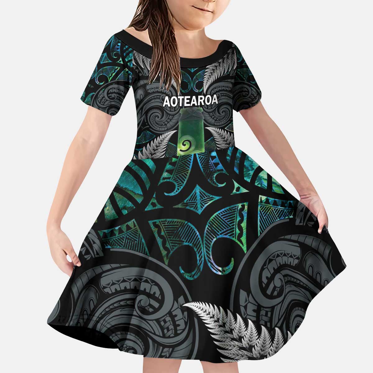 Personalised New Zealand Toki Kid Short Sleeve Dress Silver Fern Mix Aotearoa Maori Pattern