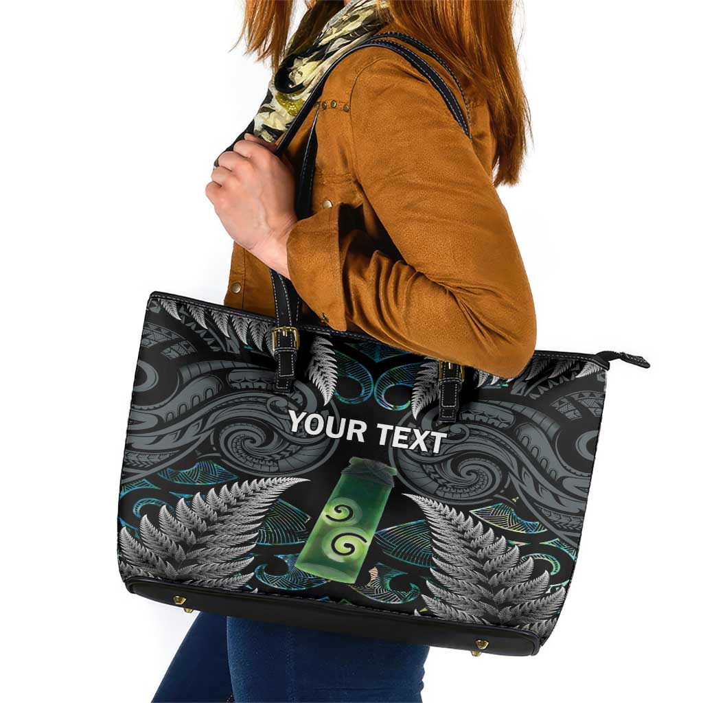 Personalised New Zealand Toki Leather Tote Bag Silver Fern Mix Aotearoa Maori Pattern