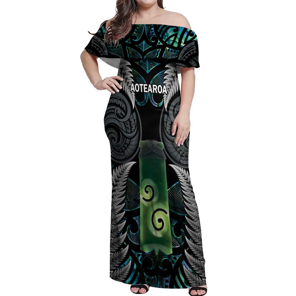 Personalised New Zealand Toki Off Shoulder Maxi Dress Silver Fern Mix Aotearoa Maori Pattern